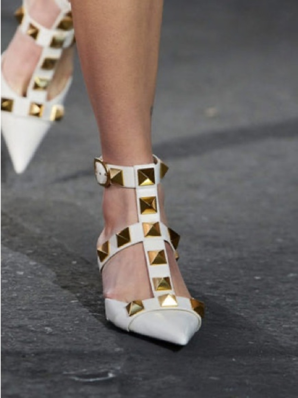 Women’s White Pointed T-Strap Heels with Gold Studs